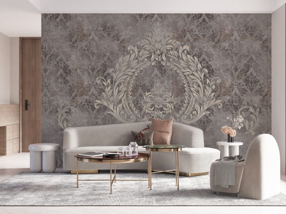 Modern Vintage Damask Desenli ve Eskitme Dokulu Sanatsal Duvar Kağıdı