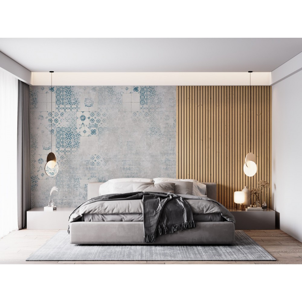 Eskitme Beton Üzerine Mavi Çini Motifli Tasarım Duvar Kağıdı