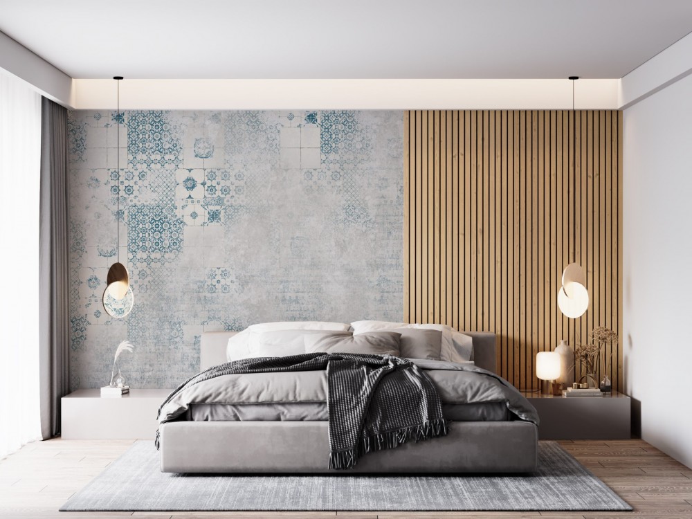 Eskitme Beton Üzerine Mavi Çini Motifli Tasarım Duvar Kağıdı