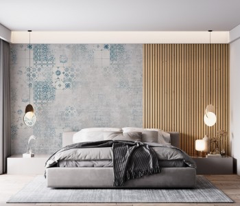 Eskitme Beton Üzerine Mavi Çini Motifli Tasarım Duvar Kağıdı