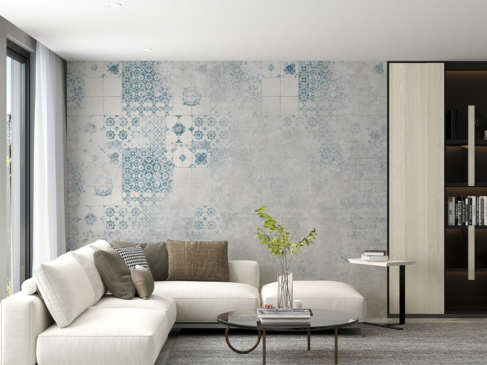 Eskitme Beton Üzerine Mavi Çini Motifli Tasarım Duvar Kağıdı
