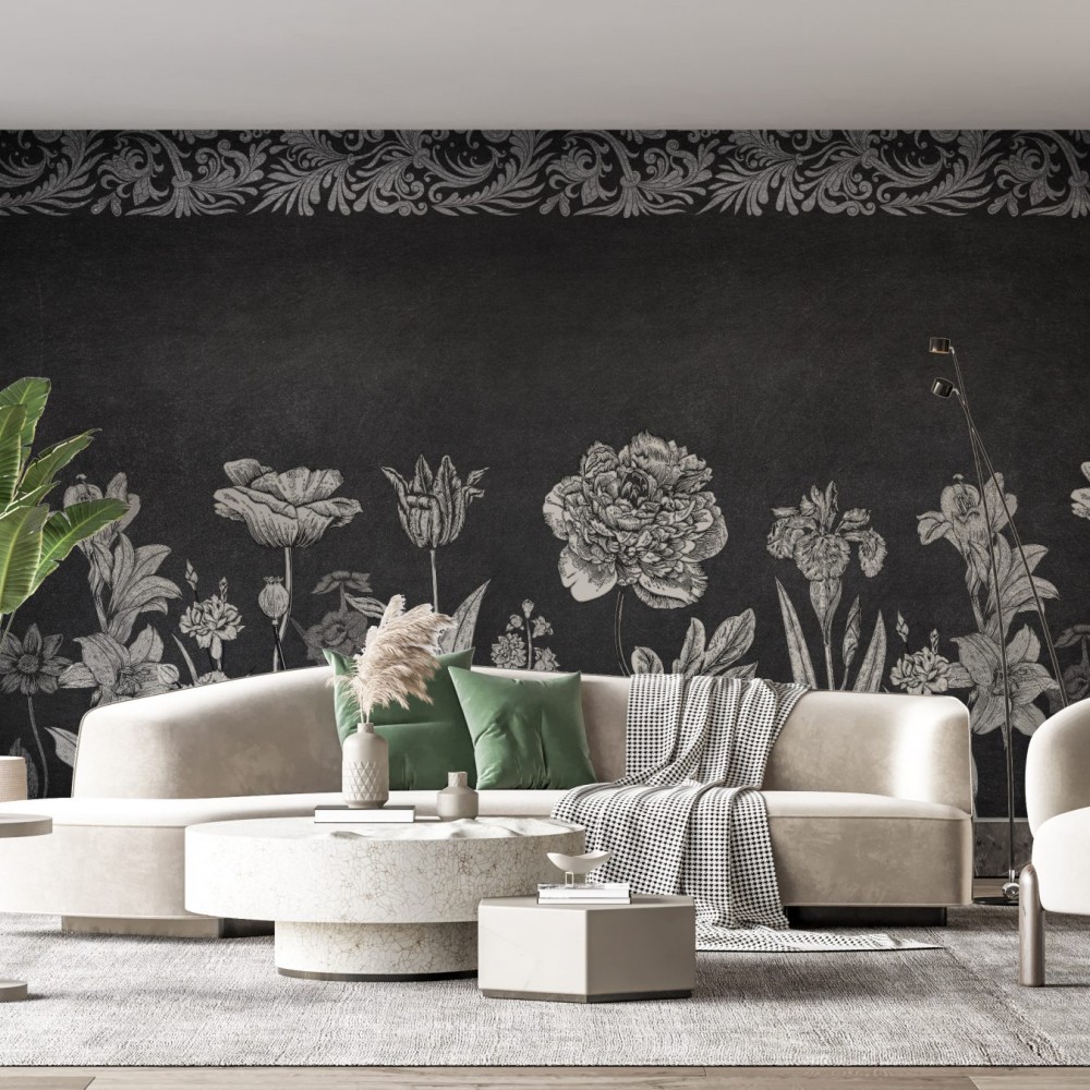 Dramatik Siyah Beyaz Botanik Tasarımlı ve Klasik Bordürlü Modern Duvar Kağıdı
