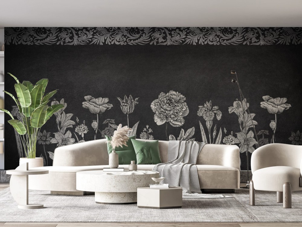Dramatik Siyah Beyaz Botanik Tasarımlı ve Klasik Bordürlü Modern Duvar Kağıdı