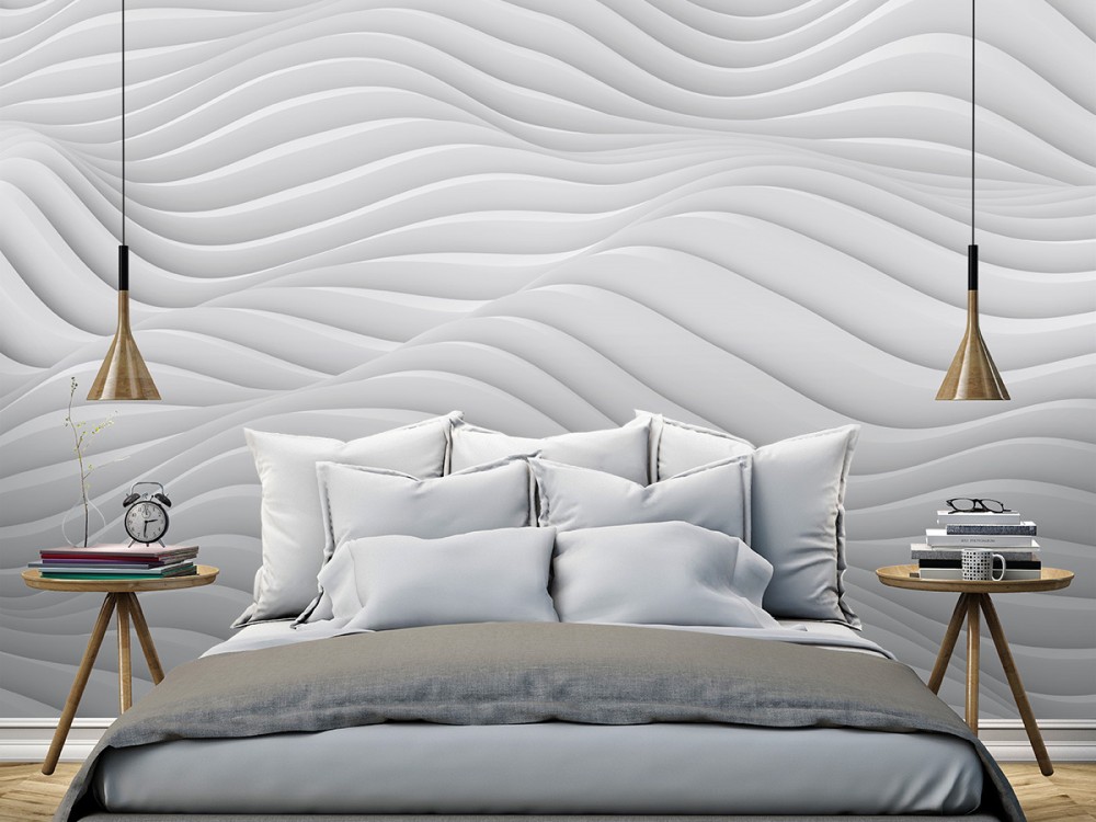 3D Efektli Modern Beyaz Dalga Desenli Tasarım Duvar Kağıdı