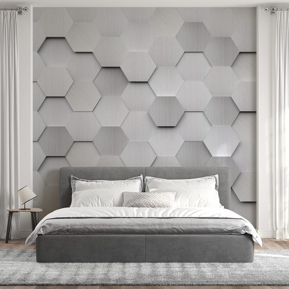 3D Efektli Modern Gri Altıgen Panel Tasarım Duvar Kağıdı 3D Efektli Modern Gri Altıgen Panel Tasarım Duvar Kağıdı