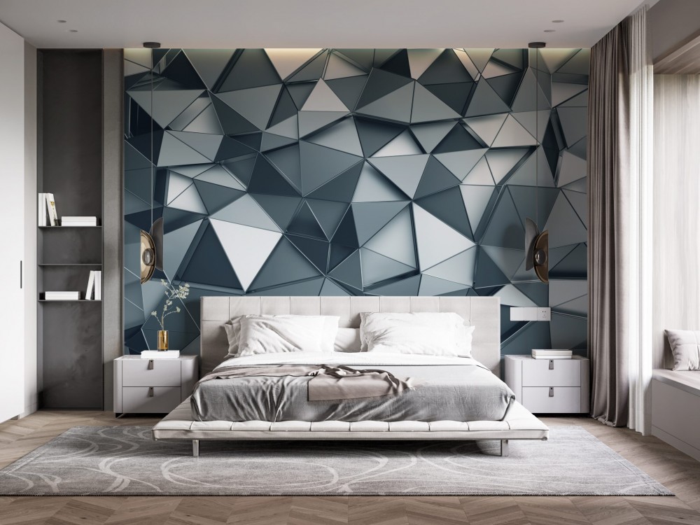 Fütüristik Gümüş Metalik Üçgen Prizma Tasarım Duvar Kağıdı