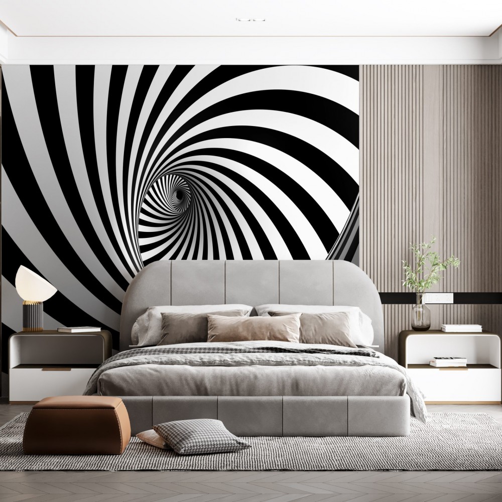 Modern İllüzyonist Siyah Beyaz Vortex Tasarım Duvar Kağıdı