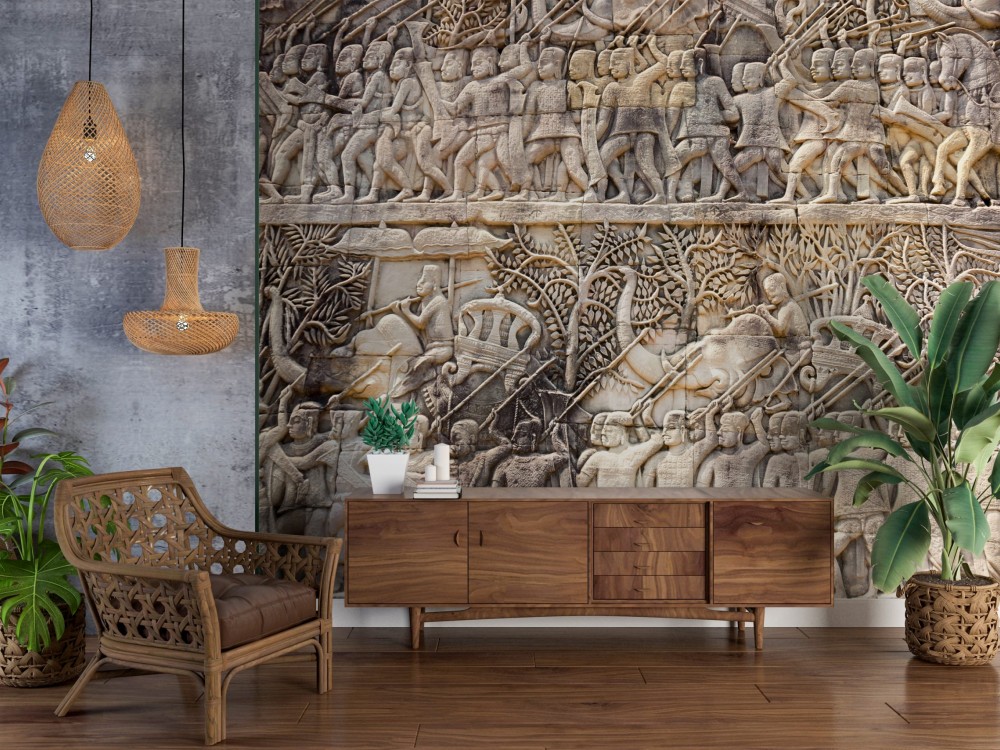 Antik Ordu ve Savaş Sahnesi Rölyef Görünümlü Taş Dokulu Duvar Kağıdı