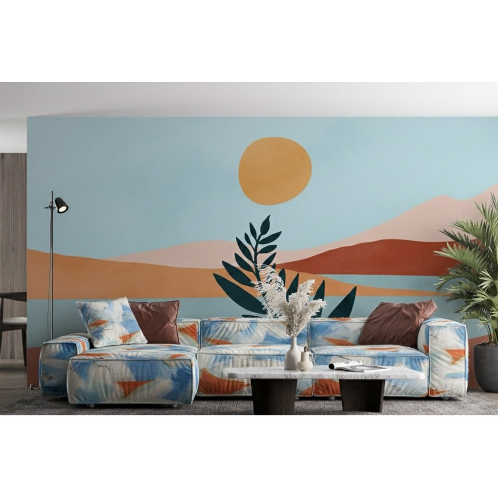 Minimalist Gün Doğumu ve Botanik Formlu Soyut Duvar Kağıdı