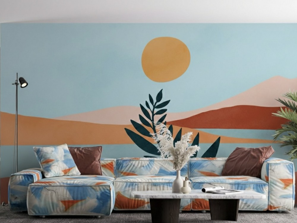 Minimalist Gün Doğumu ve Botanik Formlu Soyut Duvar Kağıdı