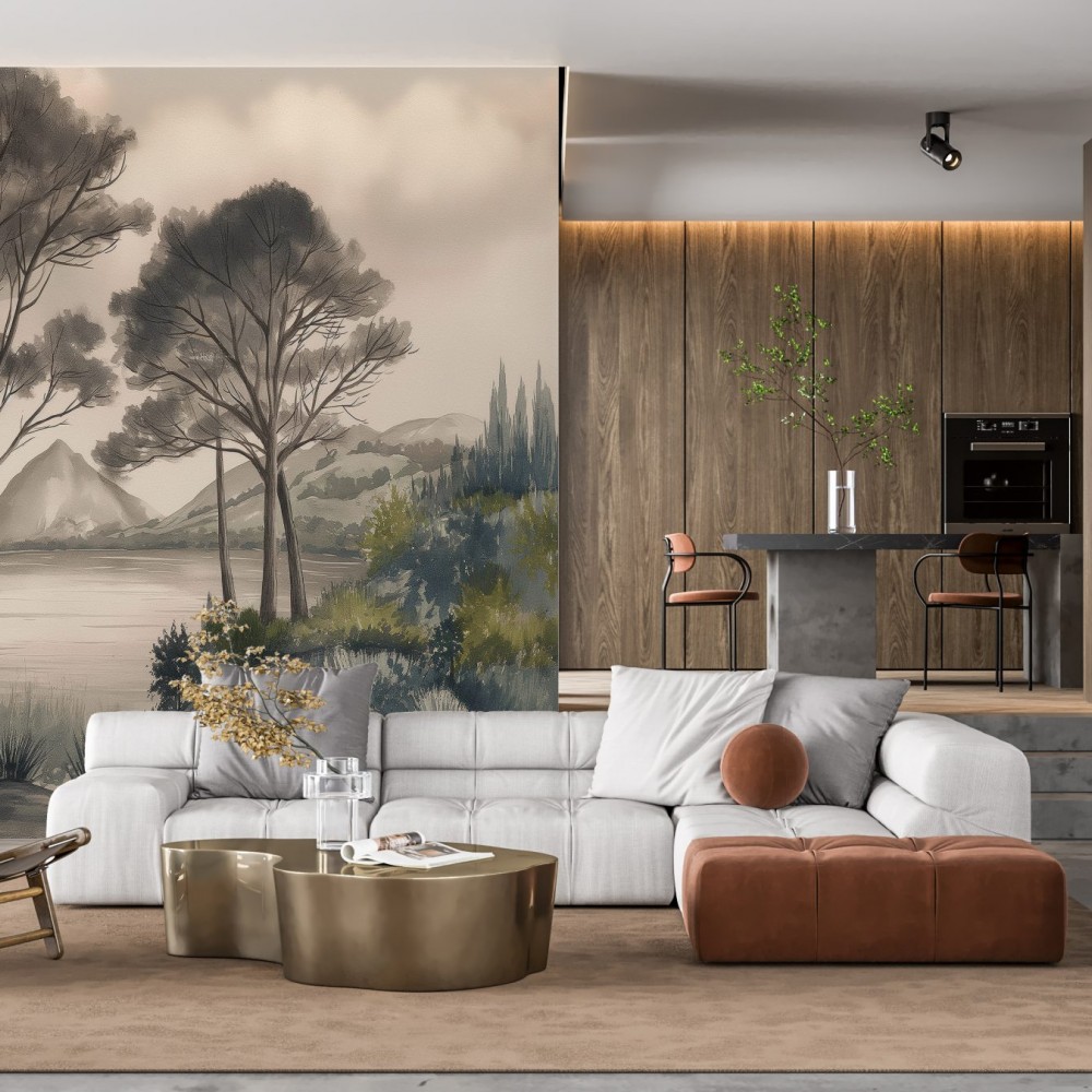 Suluboya Efektli Dağ ve Orman Manzaralı Duvar Kağıdı