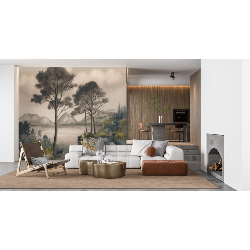 Suluboya Efektli Dağ ve Orman Manzaralı Duvar Kağıdı Suluboya Efektli Dağ ve Orman Manzaralı Duvar Kağıdı