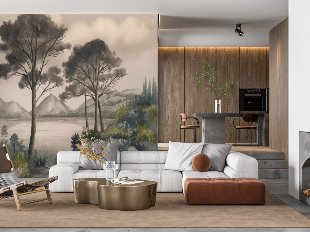 Suluboya Efektli Dağ ve Orman Manzaralı Duvar Kağıdı