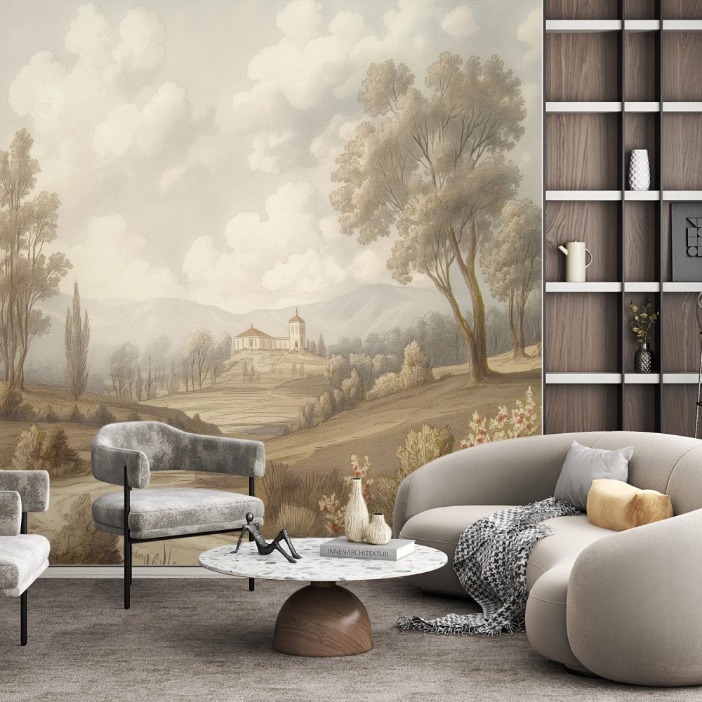 Gravür Tarzı Kırsal Manzara ve Klasik Mimari Duvar Kağıdı