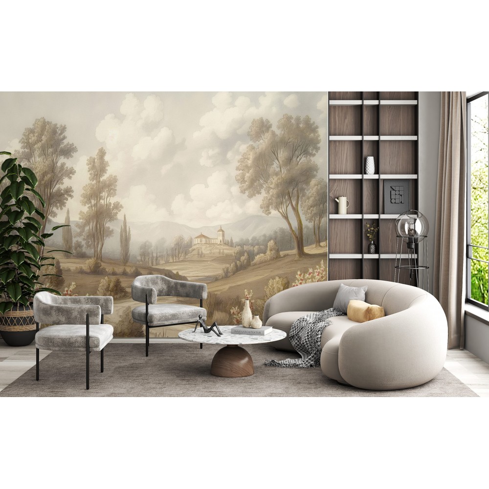 Gravür Tarzı Kırsal Manzara ve Klasik Mimari Duvar Kağıdı