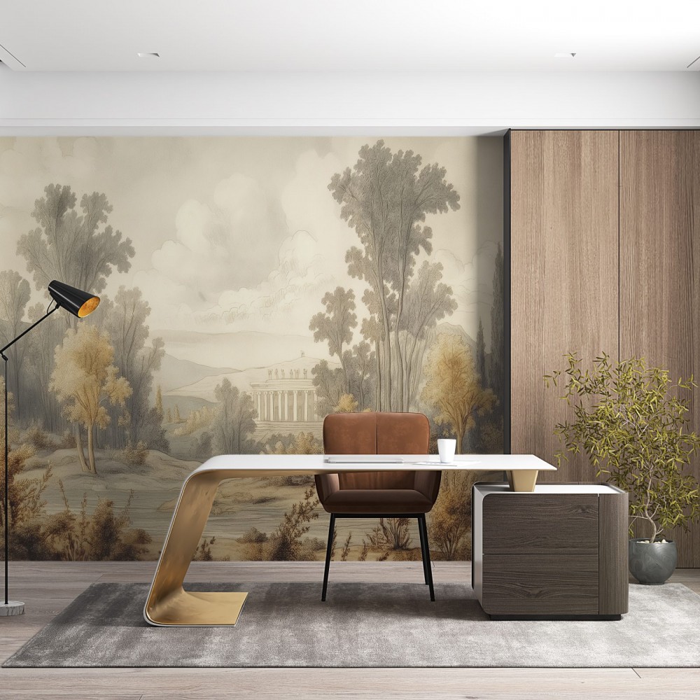 Antik Yunan Tapınağı ve Doğa Manzaralı Gravür Duvar Kağıdı