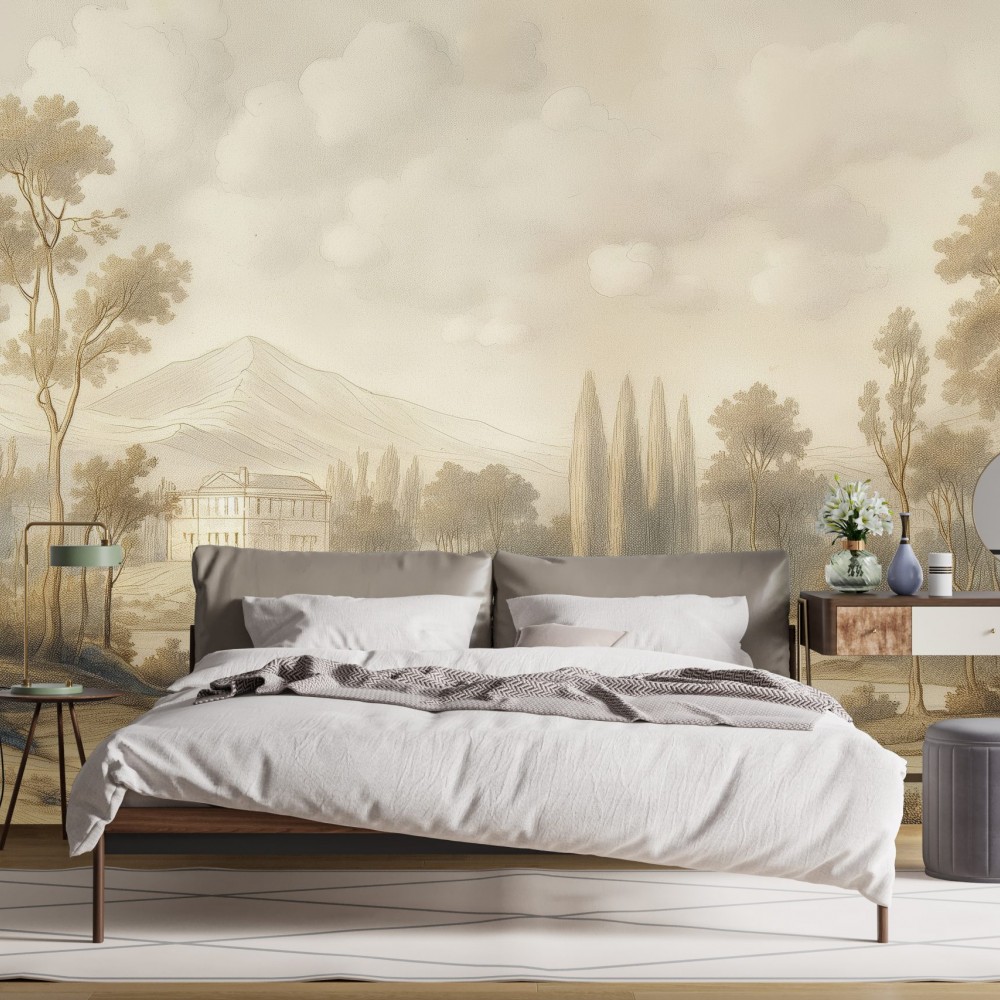 Gravür Tarzı Dağ, Orman ve Köşk Manzaralı Duvar Kağıdı