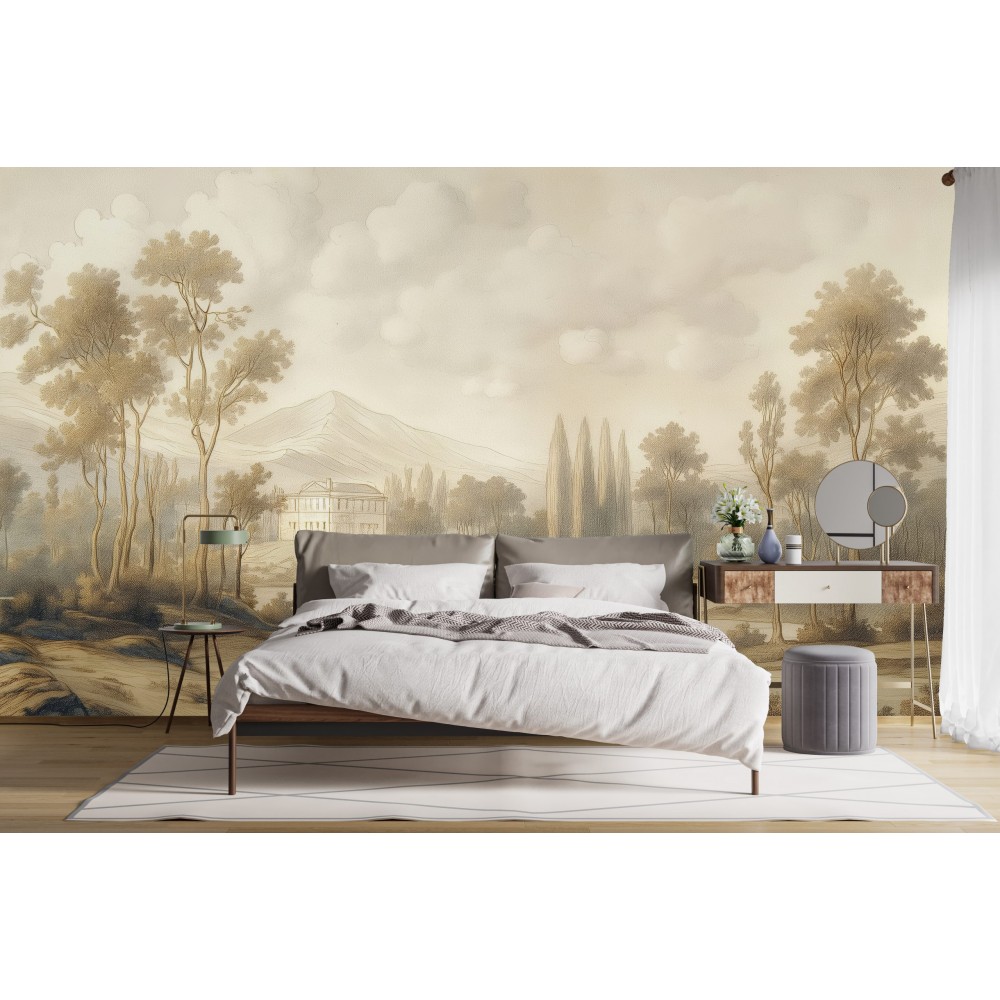 Gravür Tarzı Dağ, Orman ve Köşk Manzaralı Duvar Kağıdı
