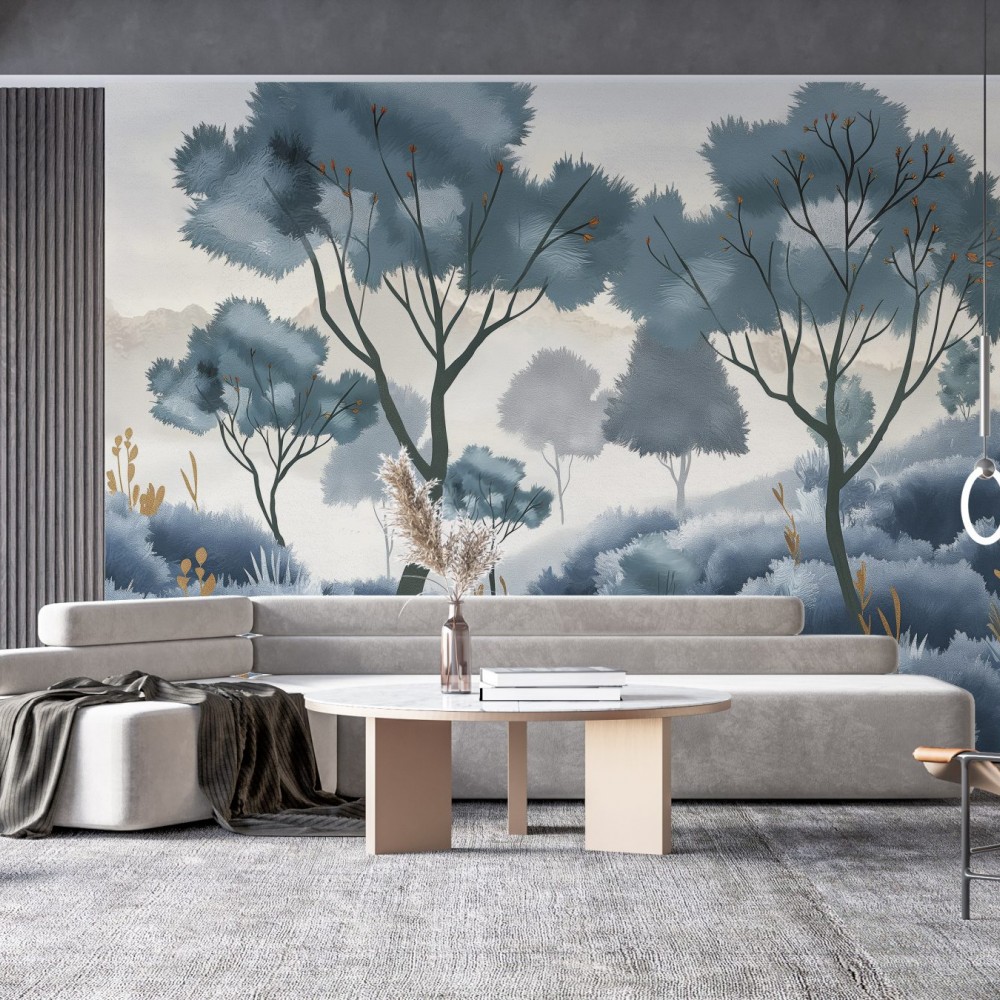 Puslu Mavi ve İndigo Tonlarında Modern Orman Manzaralı Duvar Kağıdı