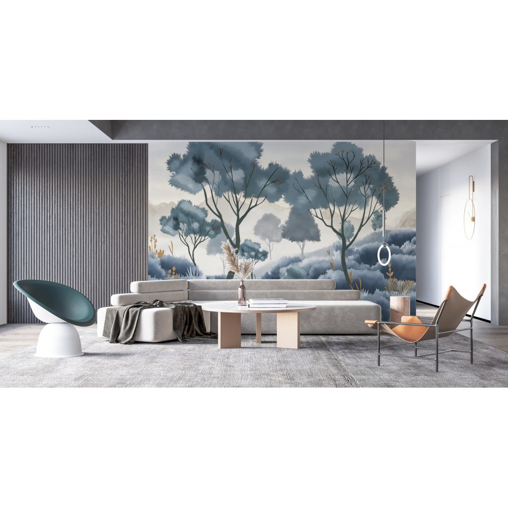 Puslu Mavi ve İndigo Tonlarında Modern Orman Manzaralı Duvar Kağıdı