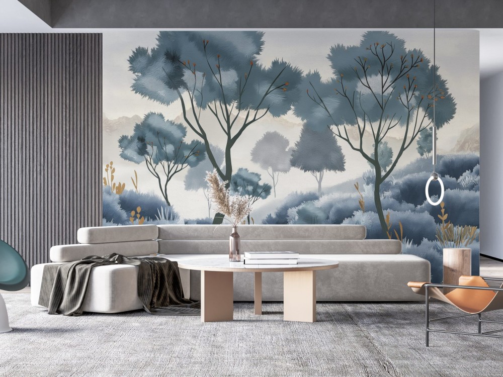 Puslu Mavi ve İndigo Tonlarında Modern Orman Manzaralı Duvar Kağıdı