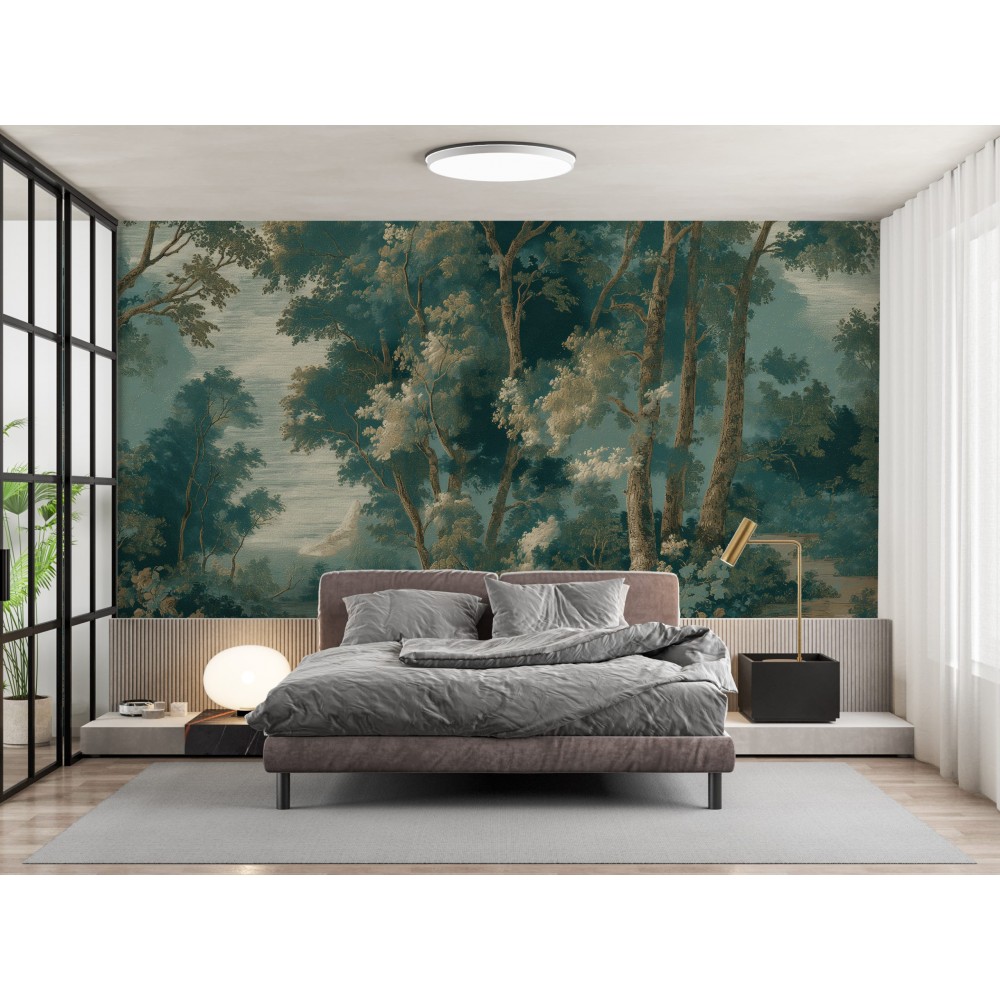 Zümrüt Yeşili ve Puslu Orman Manzaralı Sanatsal Duvar Kağıdı