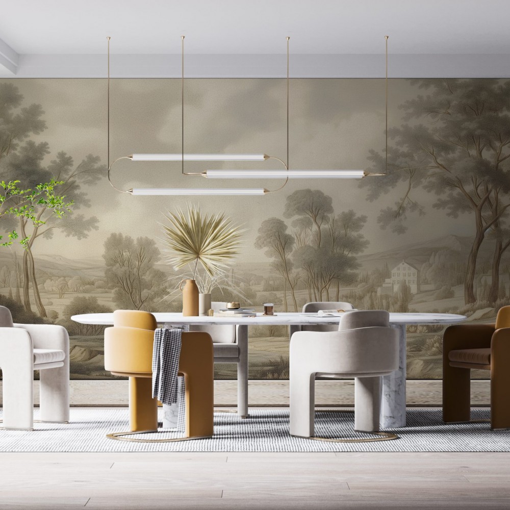 Sepya ve Zeytin Tonlarında Sanatsal Doğa Temalı Duvar Kağıdı