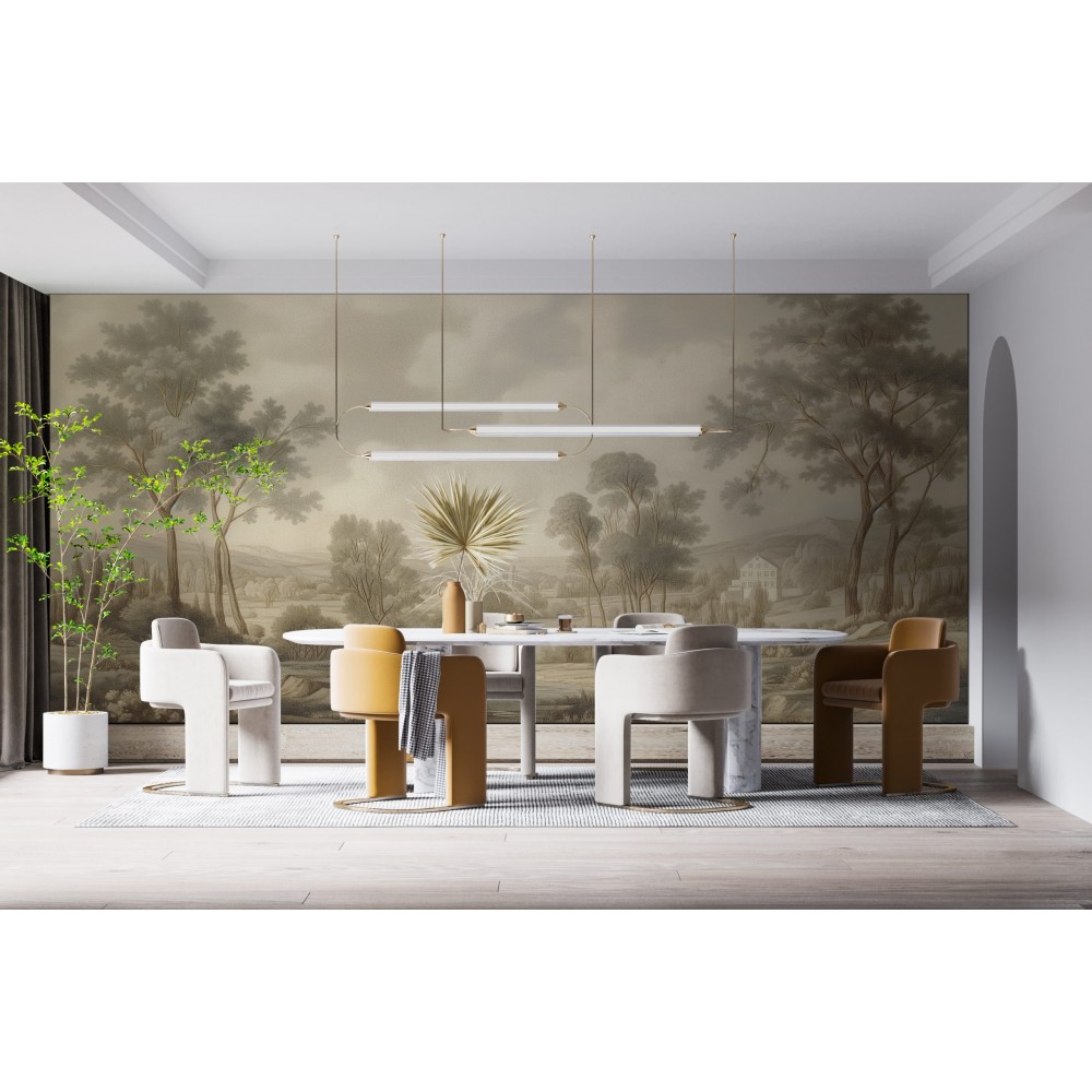 Sepya ve Zeytin Tonlarında Sanatsal Doğa Temalı Duvar Kağıdı