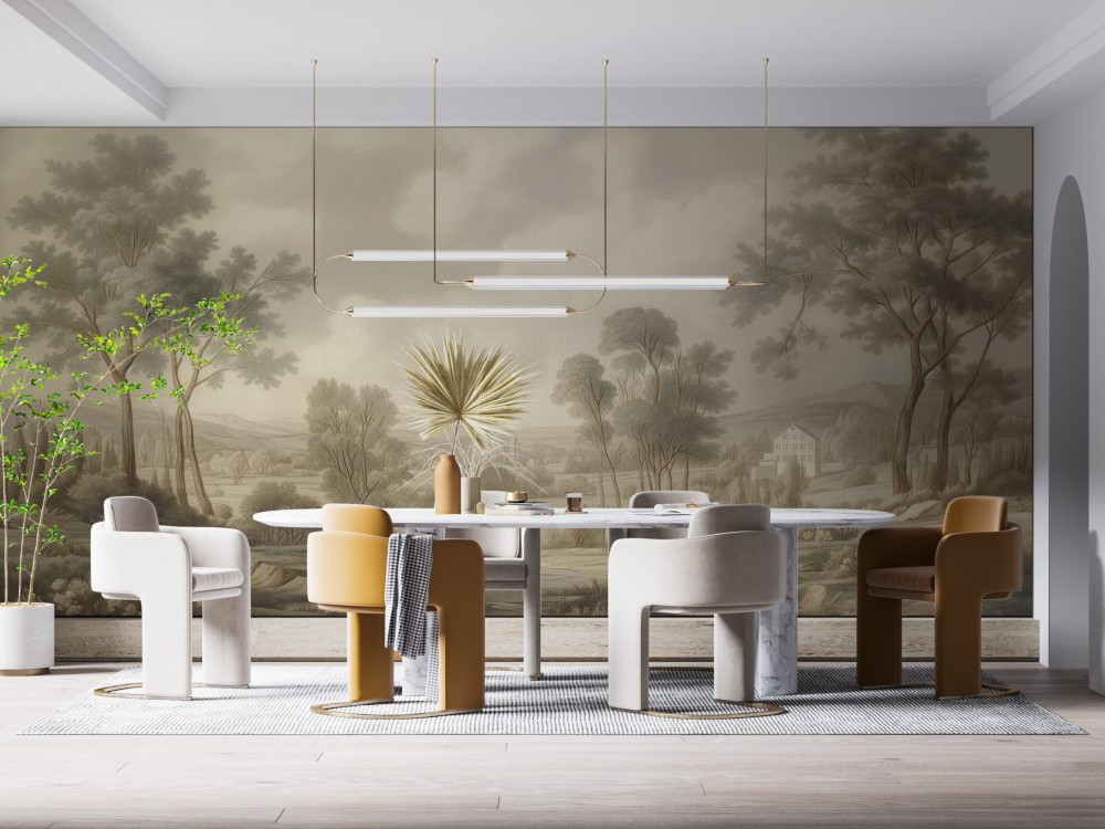 Sepya ve Zeytin Tonlarında Sanatsal Doğa Temalı Duvar Kağıdı