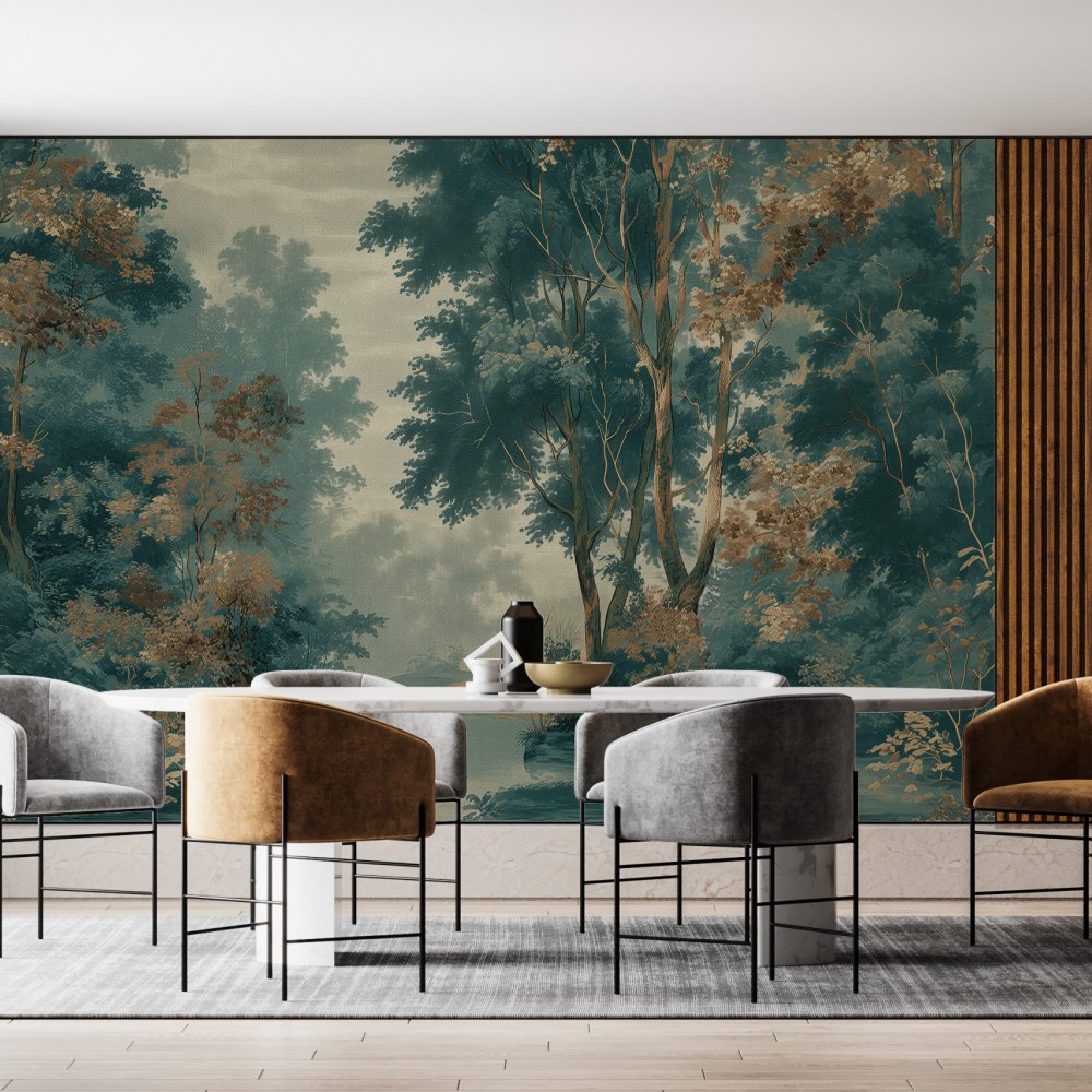 Koyu Mavi-Yeşil Zemin Üzerine Sanatsal Ağaçlı Duvar Kağıdı