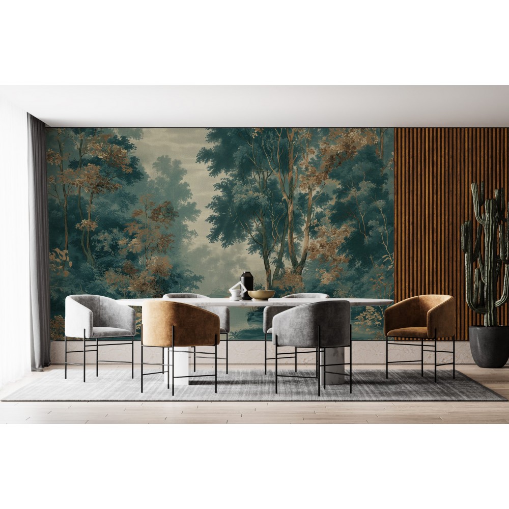 Koyu Mavi-Yeşil Zemin Üzerine Sanatsal Ağaçlı Duvar Kağıdı