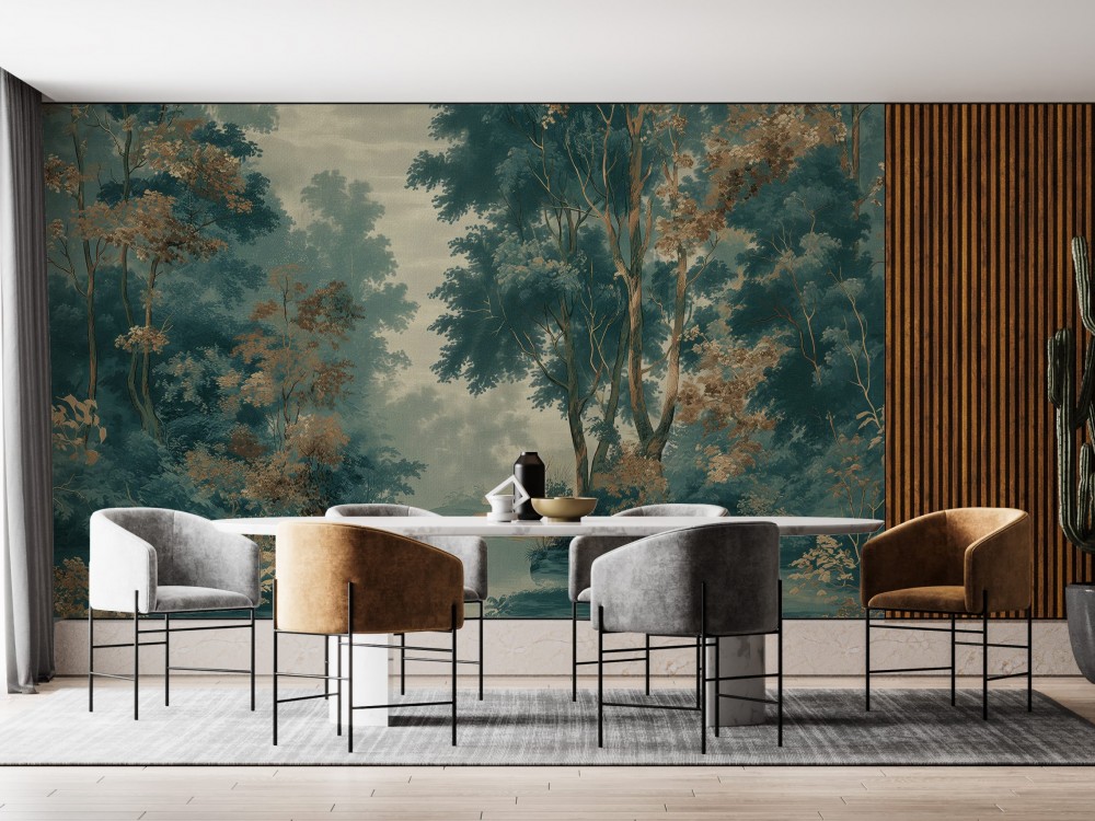 Koyu Mavi-Yeşil Zemin Üzerine Sanatsal Ağaçlı Duvar Kağıdı