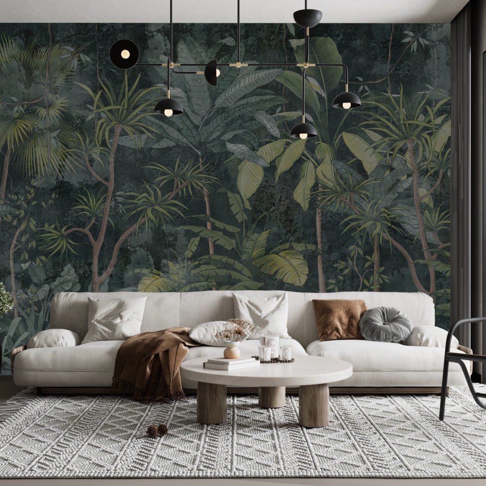 Koyu Yeşil ve Antrasit Tonlarında Egzotik Orman Duvar Kağıdı