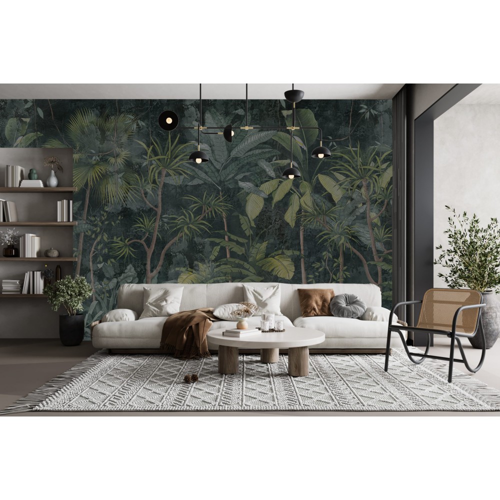 Koyu Yeşil ve Antrasit Tonlarında Egzotik Orman Duvar Kağıdı