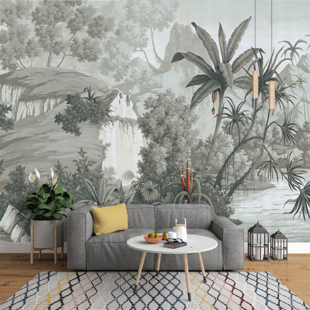 Vintage Gravür Tarzı Tropikal Orman ve Palmiye Desenli Duvar Kağıdı