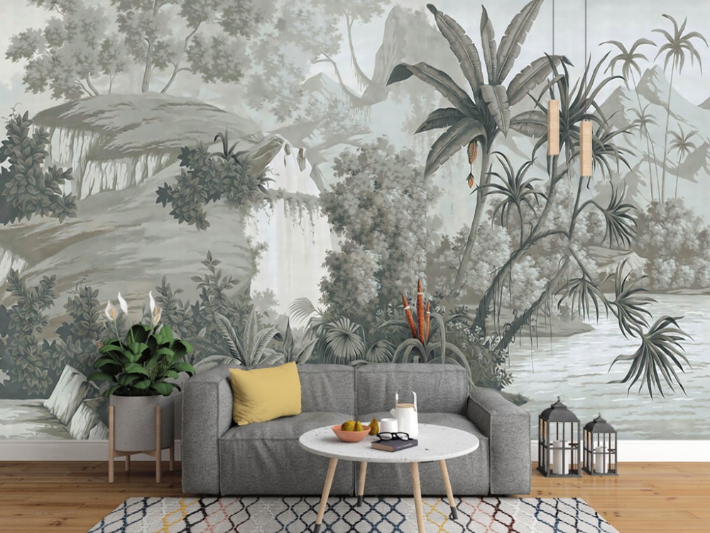 Vintage Gravür Tarzı Tropikal Orman ve Palmiye Desenli Duvar Kağıdı Vintage Gravür Tarzı Tropikal Orman ve Palmiye Desenli Duvar Kağıdı