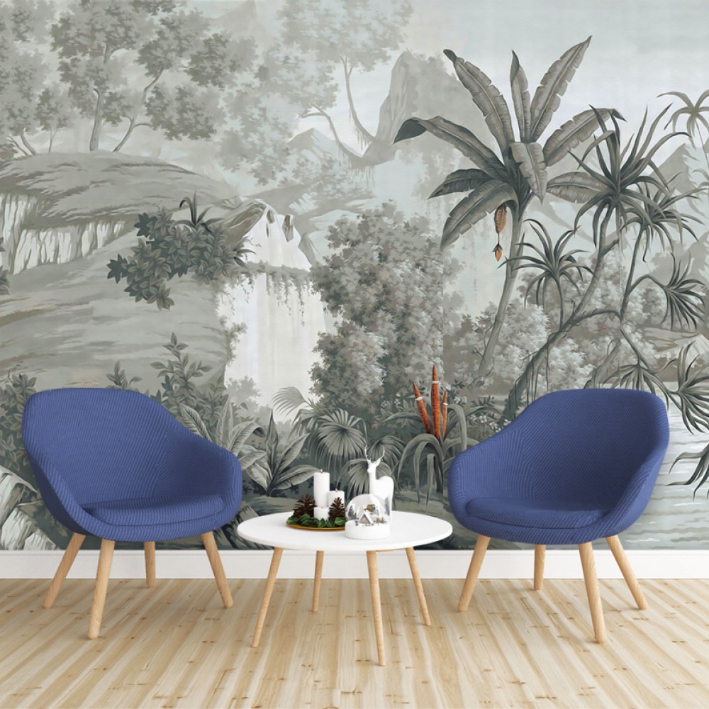 Vintage Gravür Tarzı Tropikal Orman ve Palmiye Desenli Duvar Kağıdı