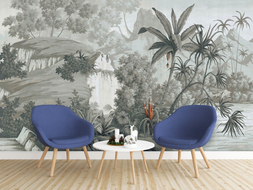 Vintage Gravür Tarzı Tropikal Orman ve Palmiye Desenli Duvar Kağıdı Vintage Gravür Tarzı Tropikal Orman ve Palmiye Desenli Duvar Kağıdı