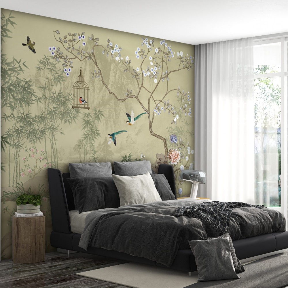 Klasik Chinoiserie Tarzı Bambu Ormanı ve Egzotik Kuş Temalı Duvar Kağıdı