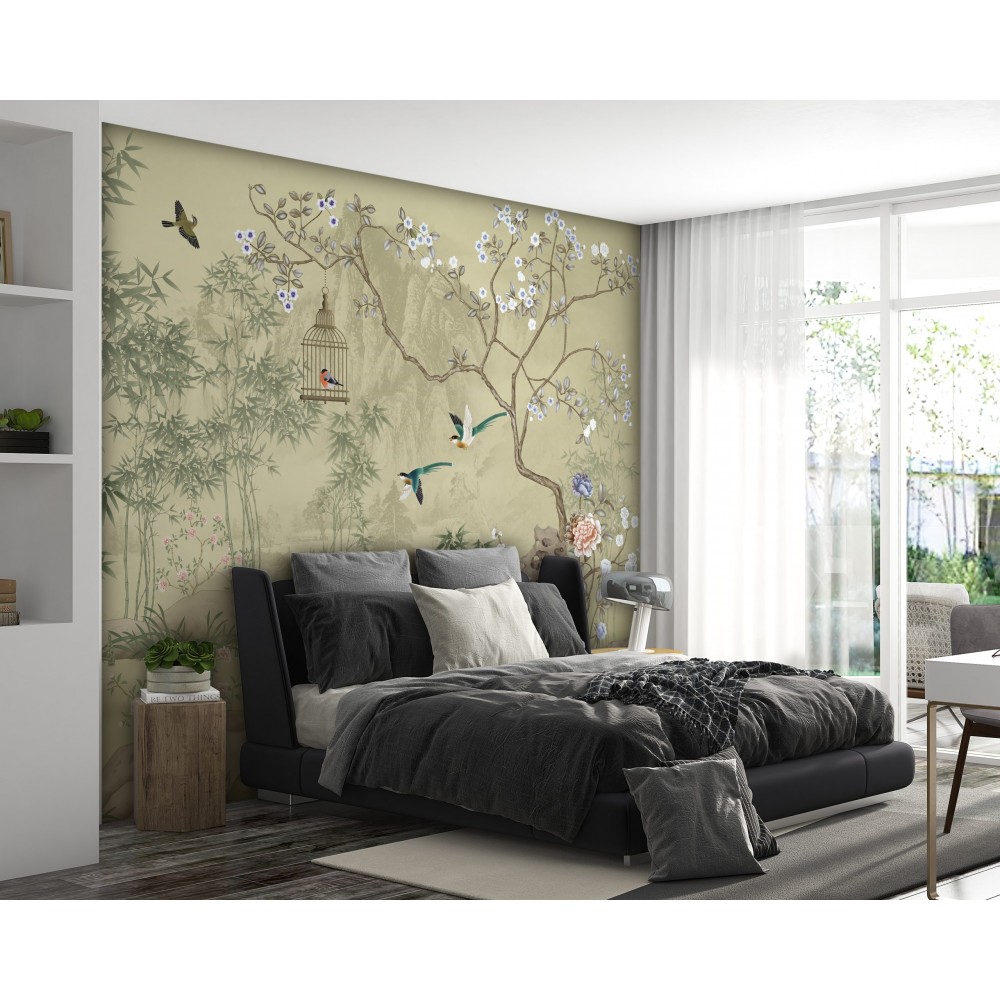 Klasik Chinoiserie Tarzı Bambu Ormanı ve Egzotik Kuş Temalı Duvar Kağıdı