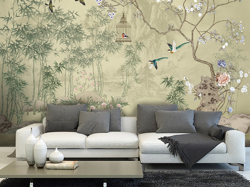Klasik Chinoiserie Tarzı Bambu Ormanı ve Egzotik Kuş Temalı Duvar Kağıdı