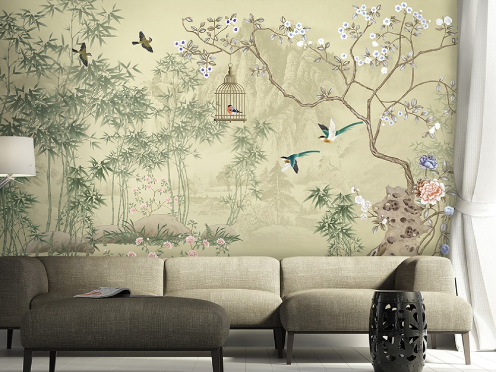 Klasik Chinoiserie Tarzı Bambu Ormanı ve Egzotik Kuş Temalı Duvar Kağıdı