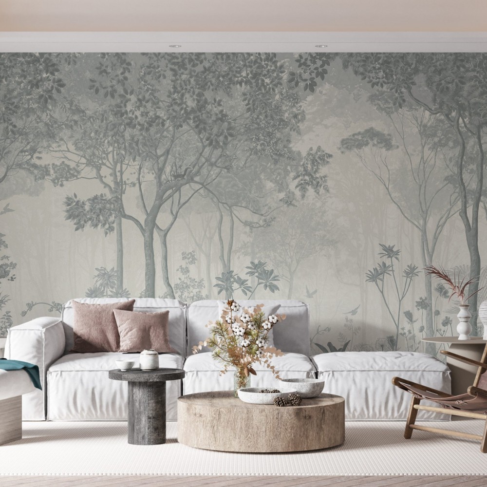 Mistik Gri Tonlu Derin Orman ve Tropikal Doğa Manzaralı Duvar Kağıdı