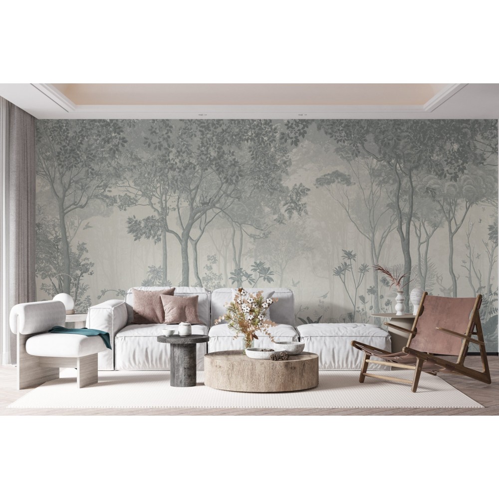 Mistik Gri Tonlu Derin Orman ve Tropikal Doğa Manzaralı Duvar Kağıdı