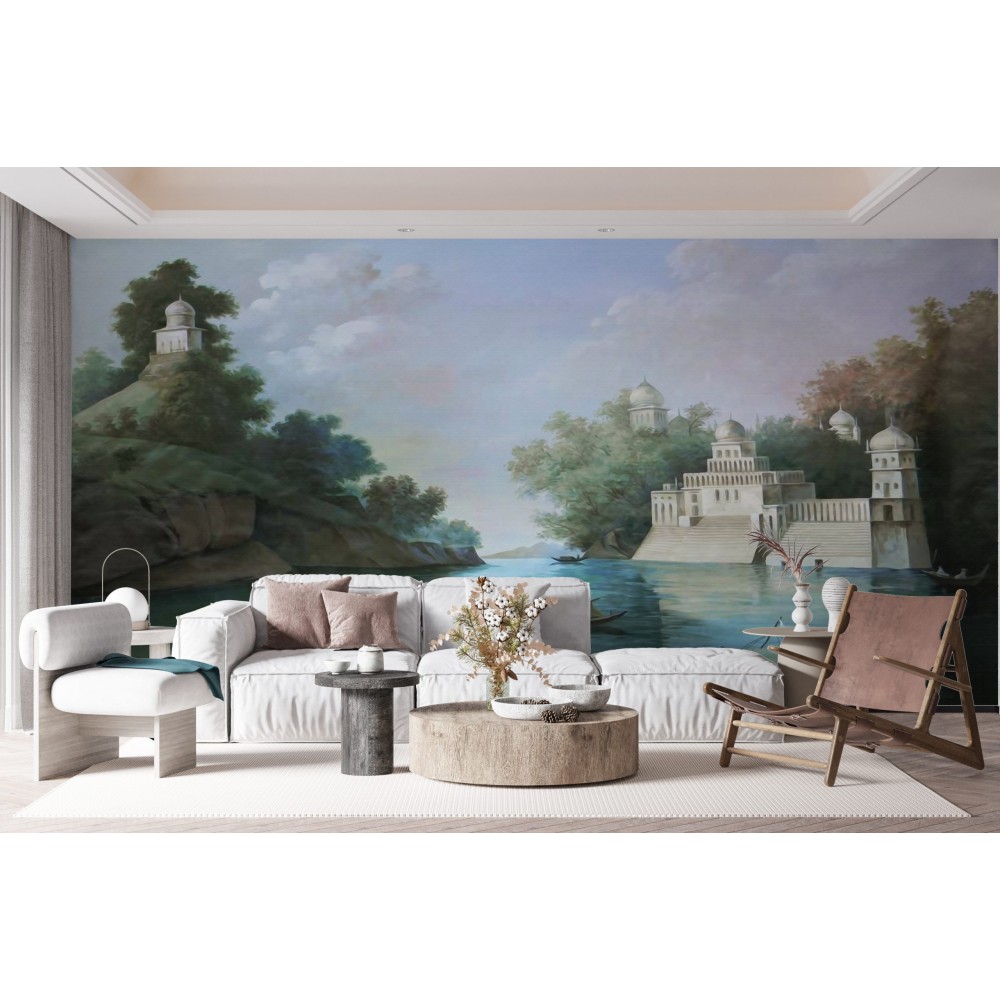 Neoklasik Saray Manzaralı ve Panoramik Nehir İllüstrasyonlu Duvar Kağıdı