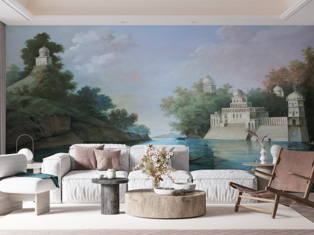 Neoklasik Saray Manzaralı ve Panoramik Nehir İllüstrasyonlu Duvar Kağıdı
