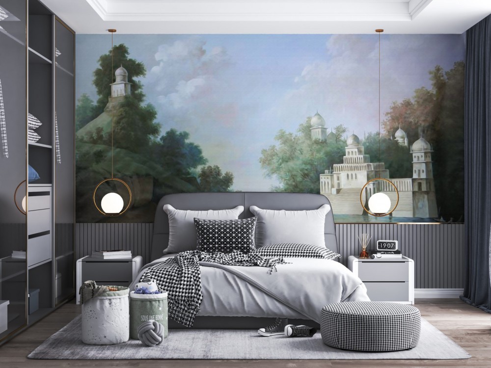 Neoklasik Saray Manzaralı ve Panoramik Nehir İllüstrasyonlu Duvar Kağıdı