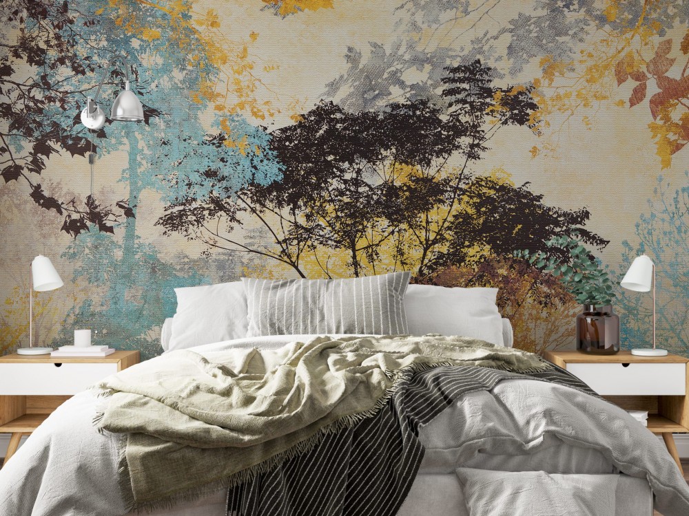 Kanvas Dokulu Zemin Üzerine Soyut Sonbahar Ormanı ve Ağaç Silüetli Duvar Kağıdı