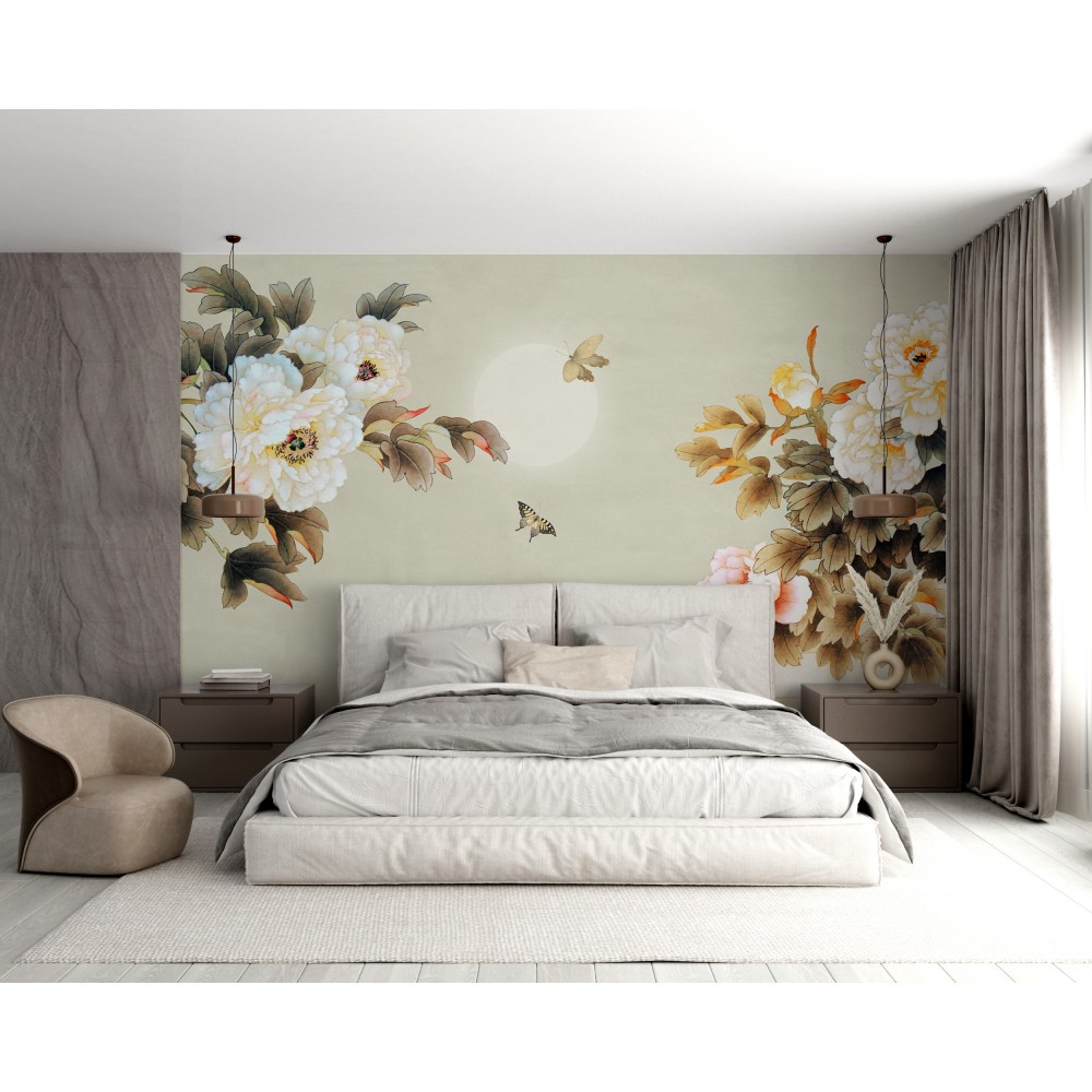  Krem Zeminli El Çizimi Görünümlü Çiçek ve Kelebek Temalı Duvar Kağıdı