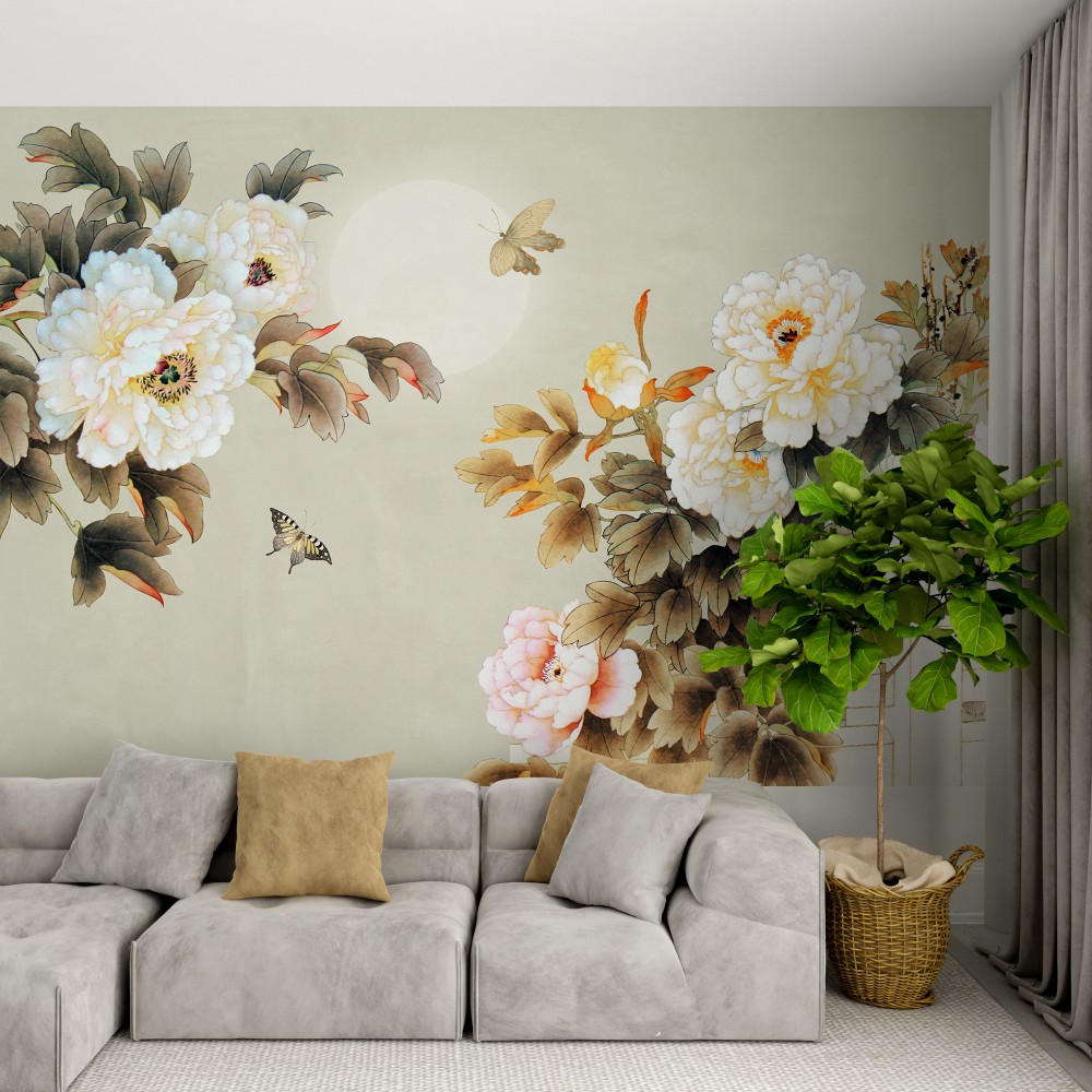 Krem Zeminli El Çizimi Görünümlü Çiçek ve Kelebek Temalı Duvar Kağıdı Krem Zeminli El Çizimi Görünümlü Çiçek ve Kelebek Temalı Duvar Kağıdı